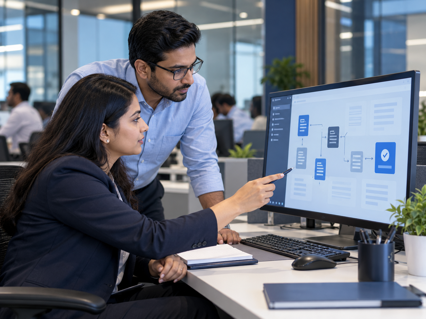 Illustrative scene of banking analysts reviewing a digital workflow