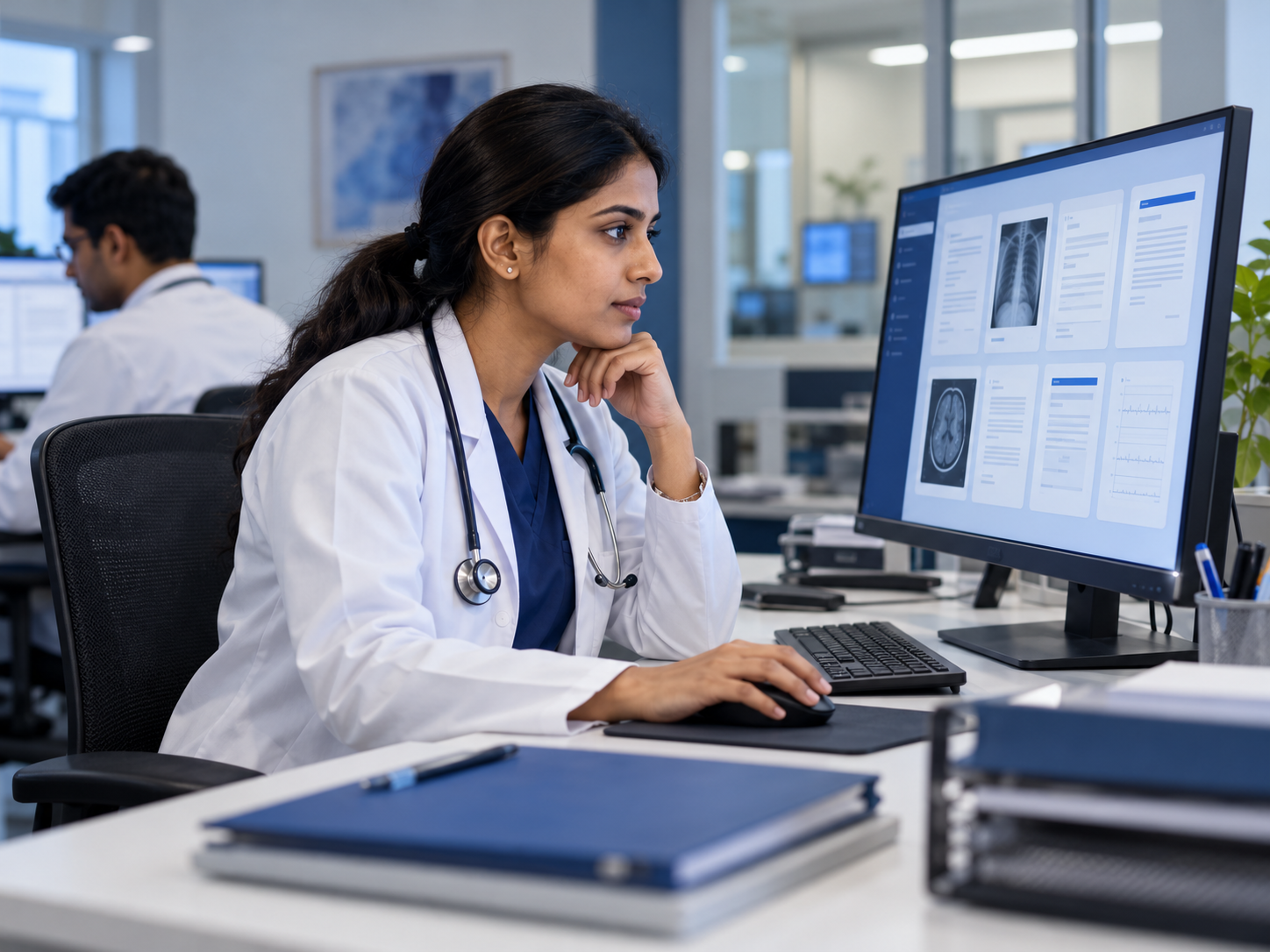 Illustrative scene of a doctor reviewing clinical documents