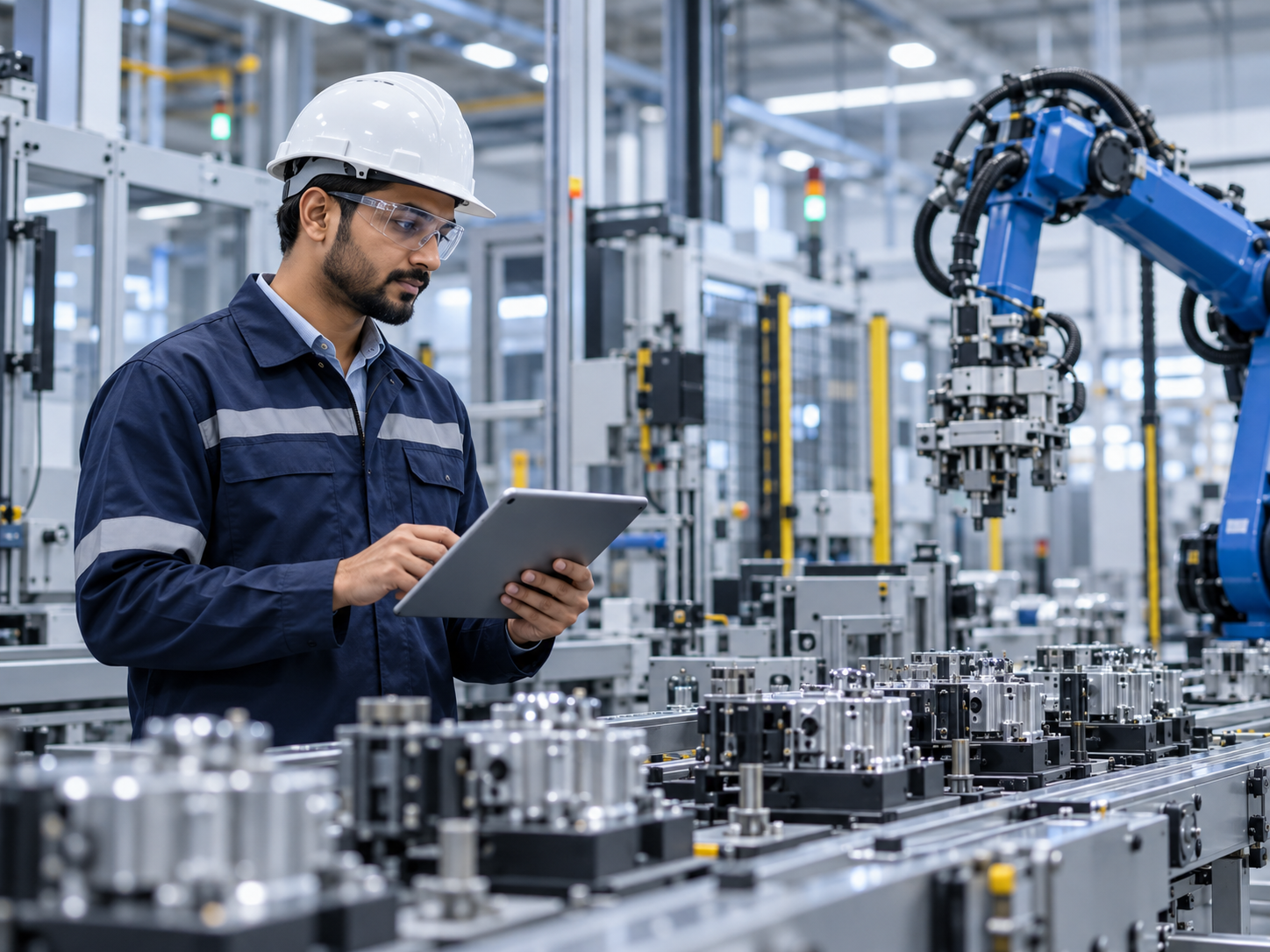 Illustrative scene of an engineer inspecting a production line